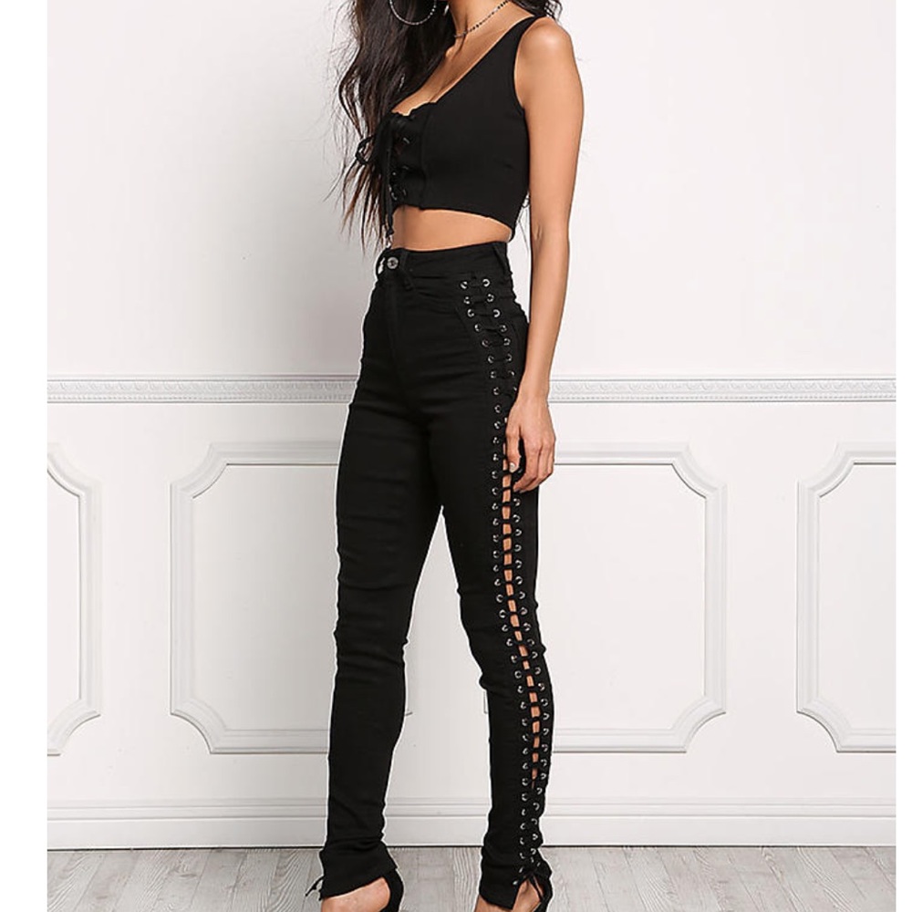 Black lace up high waisted pants